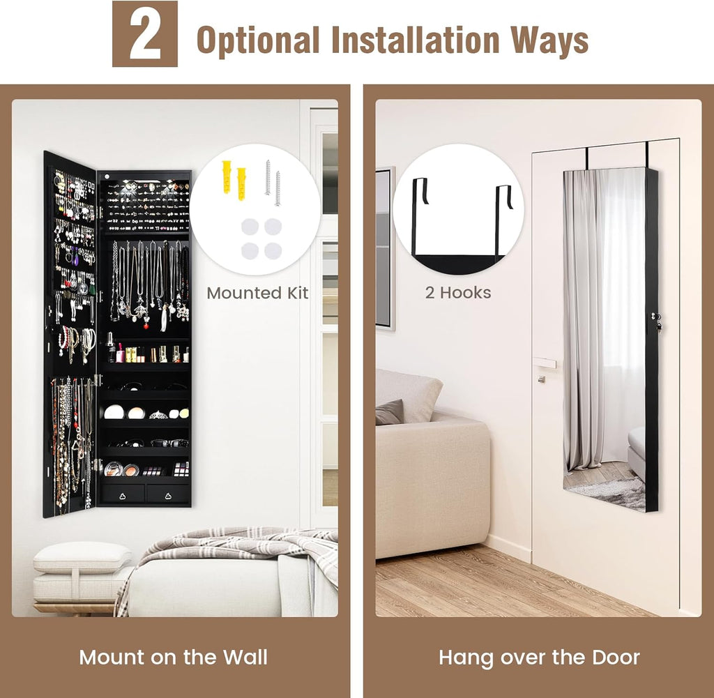 LOKO Mirrored Jewelry Armoire, Wall/Door Mounted Jewelry Cabinet with Full-Length Mirror, Lockable Jewelry Storage Organizer with 2 Drawers & 2 LED Lights, for Girls Women Gift Bedroom (Black)