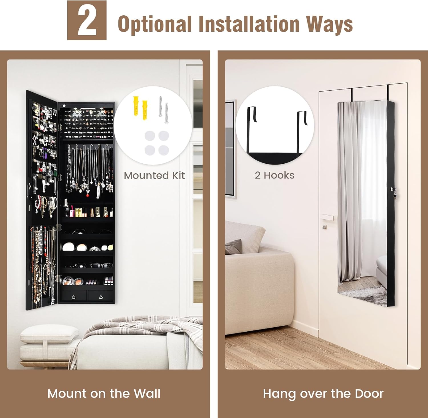 LOKO Mirrored Jewelry Armoire, Wall/Door Mounted Jewelry Cabinet with Full-Length Mirror, Lockable Jewelry Storage Organizer with 2 Drawers & 2 LED Lights, for Girls Women Gift Bedroom (Black)