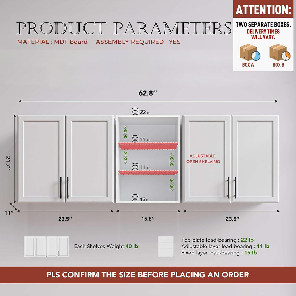 FIMELLO 62.8 ''W X 11''D X 21.7''H Wall Cabinets for Laundry Room, Wooden Kitchen Cabinet, Floating Wall Cabinets, Hanging Wall Cabinet for Laundry, Kitchen, White