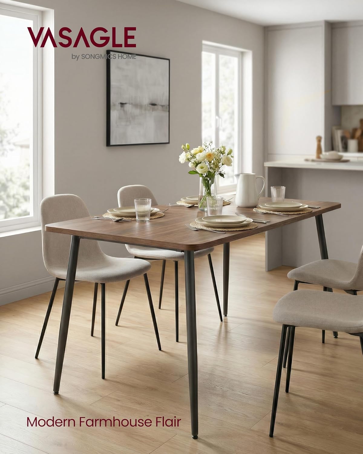 VASAGLE Dining Table for 4-6 People, Modern Farmhouse Dining Room Table, Quick Assembly, Heat-Resistant Tabletop, 55.1 x 29.5 x 29.5 Inches, for Kitchen, Natural Walnut and Ink Black UKDT100K02V2
