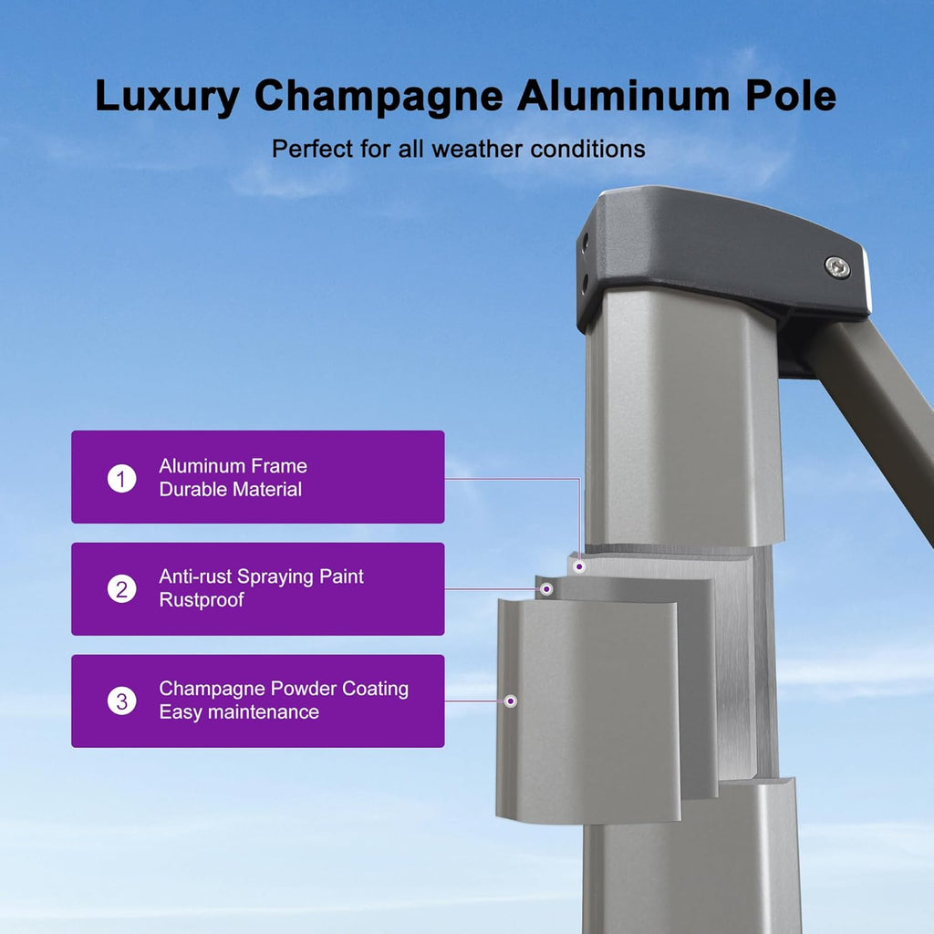 PURPLE LEAF 10’ X 10‘ Patio Umbrella Outdoor Cantilever Umbrella, Aluminum Offset Umbrella with Champagne Frame and 360° Rotation for Pool Deck Garden, Navy Blue
