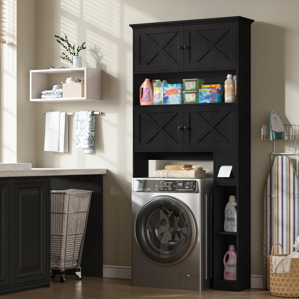 Halitaa Over The Toilet Storage Cabinet, Farmhouse Storage Cabinet Over Toilet with 4 Barn Doors & Toilet Paper Holder Stand, Black Toilet Shelf Home Space Saver for Restroom, Bathroom, Laundry