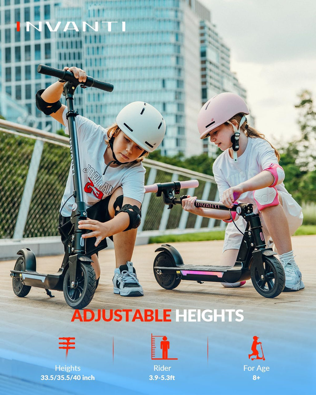 INVANTI KS03 Electric Scooter for Kids Ages 8+, 350W Peak Motor, Max 12mph & 10Miles, 7" Solid Wheel, LED Lights & Display, Double Braking, Kids Electric Scooter with 3 Adjustable Speeds & Heights