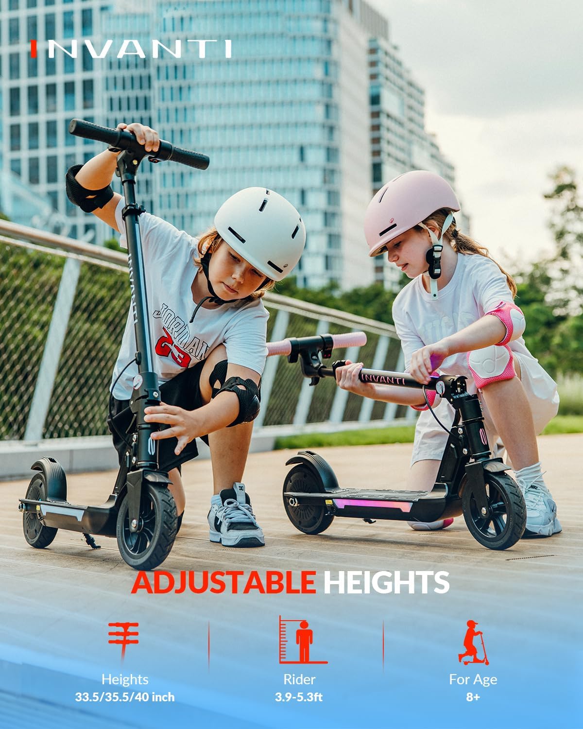 INVANTI KS03 Electric Scooter for Kids Ages 8+, 350W Peak Motor, Max 12mph & 10Miles, 7" Solid Wheel, LED Lights & Display, Double Braking, Kids Electric Scooter with 3 Adjustable Speeds & Heights