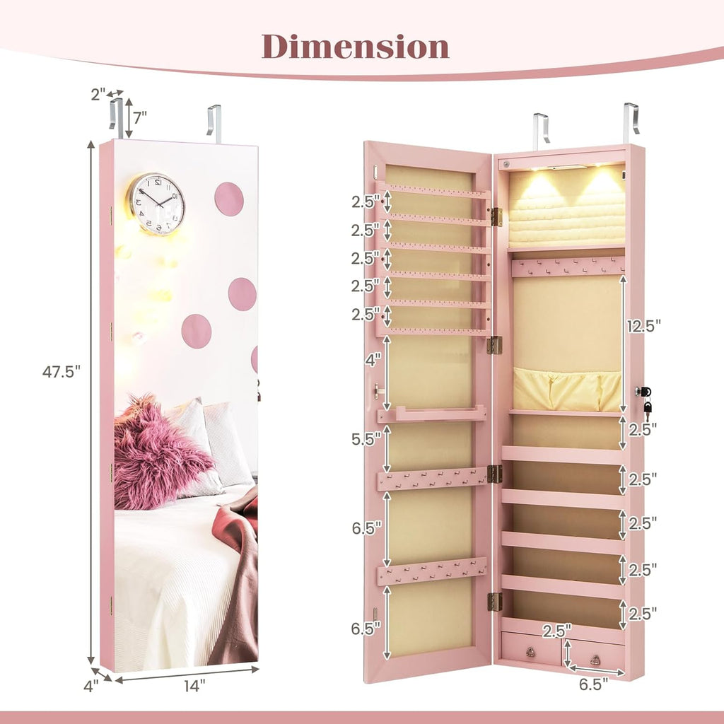 LDAILY Jewelry Armoire Wall or Door Mounted, Full-Length Mirror with Storage, Lockable Mirror Jewelry Cabinet w/ 2 Drawers, LED Lights, Over the Door Jewelry Organizer Box for Women Girls