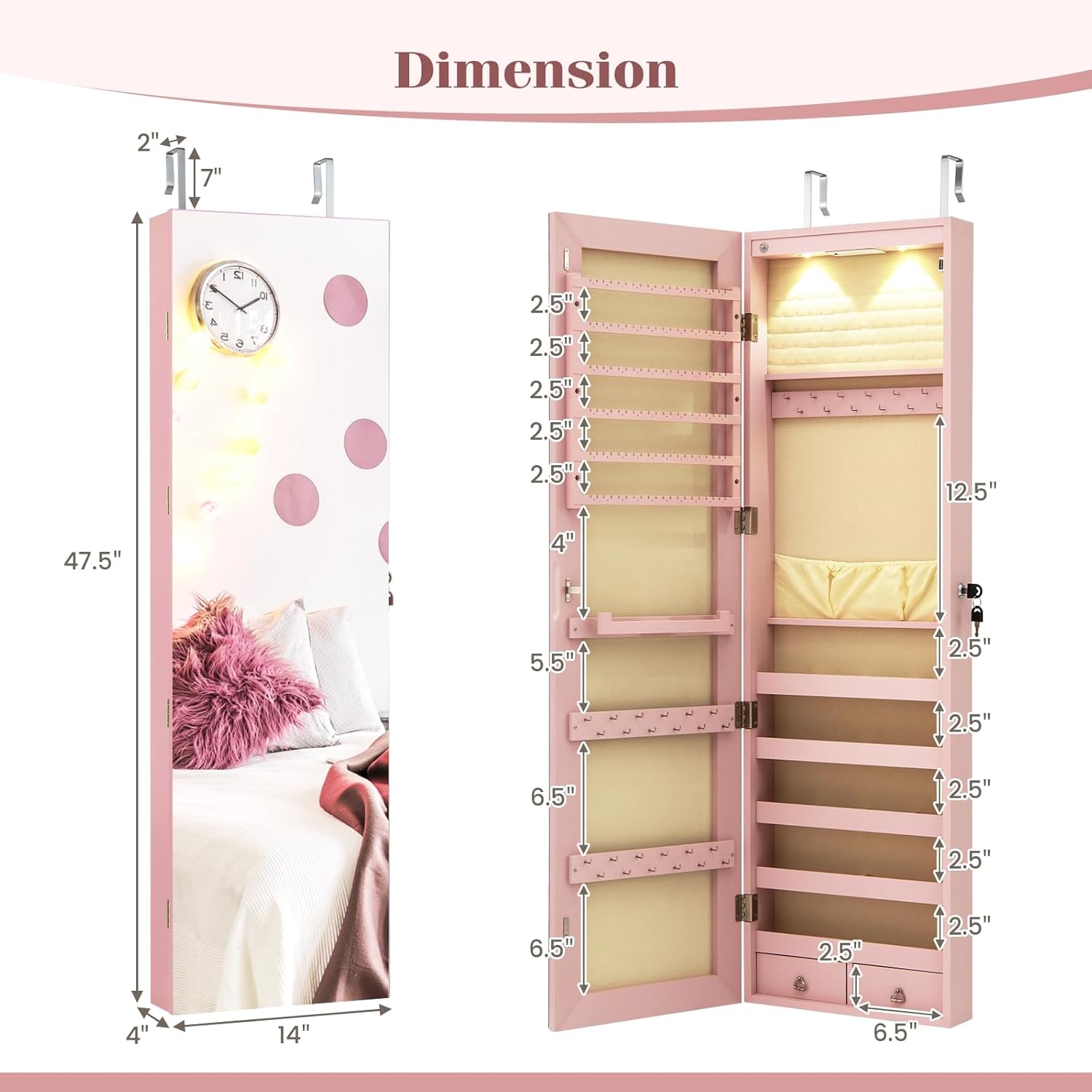 LDAILY Jewelry Armoire Wall or Door Mounted, Full-Length Mirror with Storage, Lockable Mirror Jewelry Cabinet w/ 2 Drawers, LED Lights, Over the Door Jewelry Organizer Box for Women Girls