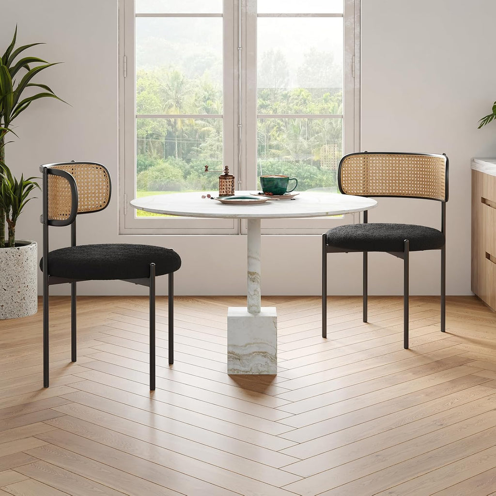 Farini Modern Upholstered Dining Chairs Set of 4,Rattan Back Dining Room Chairs,Accent Kitchen Chairs with Metal Legs,Black