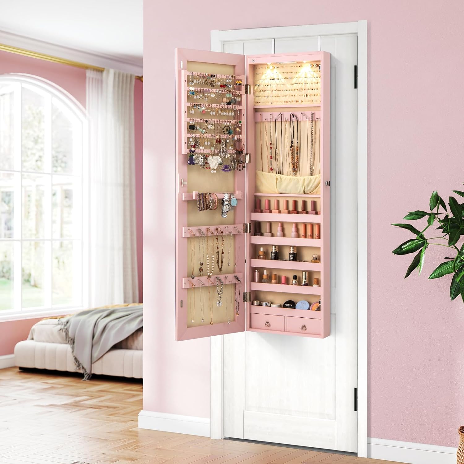 LDAILY Jewelry Armoire Wall or Door Mounted, Full-Length Mirror with Storage, Lockable Mirror Jewelry Cabinet w/ 2 Drawers, LED Lights, Over the Door Jewelry Organizer Box for Women Girls