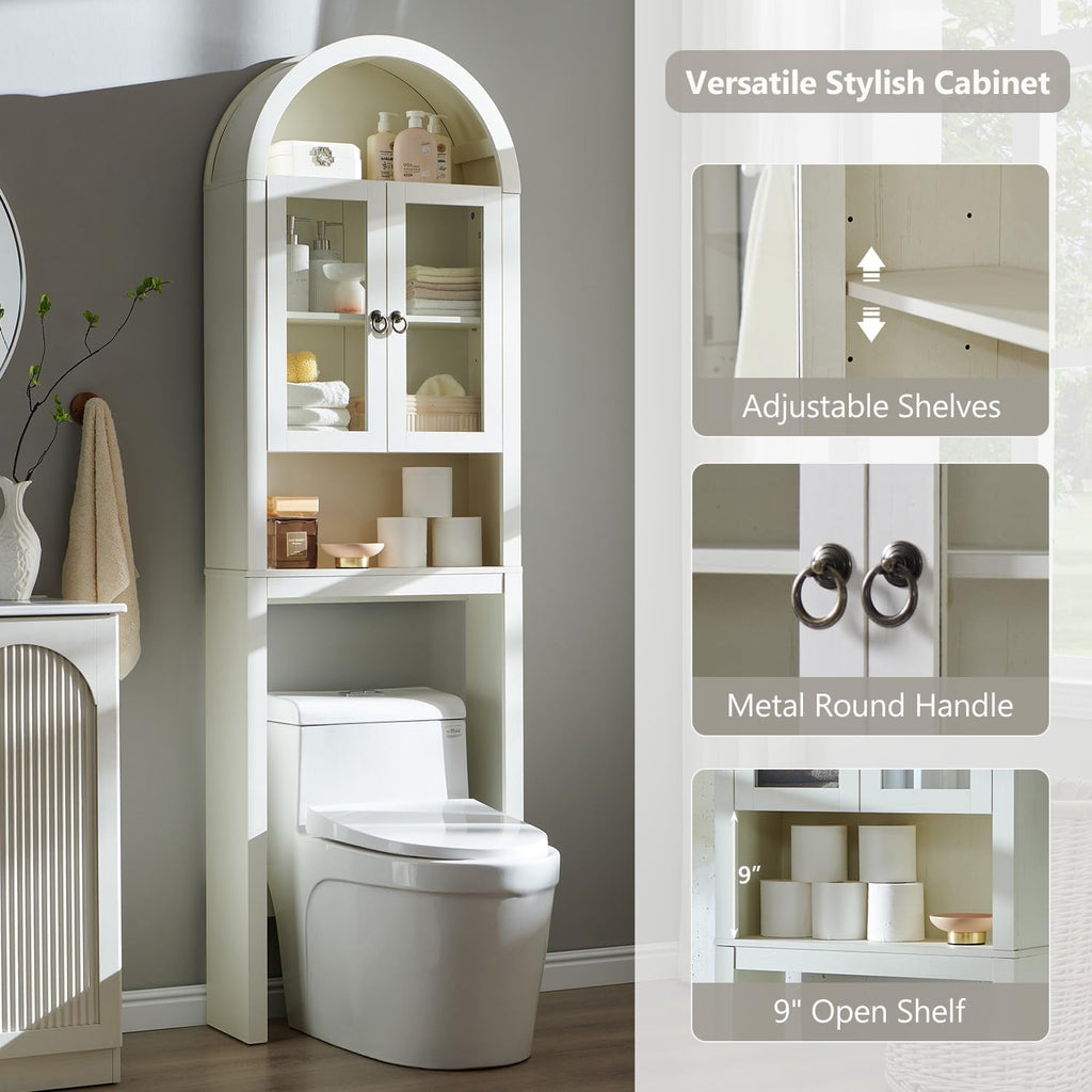 IFGET Arched Over The Toilet Storage Cabinet with Acrylic Doors, Modern Over Toilet Bathroom Organizer Shelf, Small Wooden Bathroom Storage Cabinet with Adjustable Shelf, Space Saver, Antique White