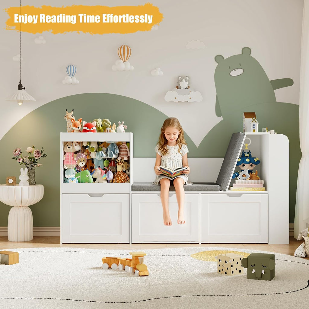 66.9" Kids Reading Nook, Toy Storage Organizer with Stuffed Animal Storage, Bench and Removable Cushions, Wooden Toddler Bookshelf with 3 Movable Drawers for Nursery, Playroom (White)