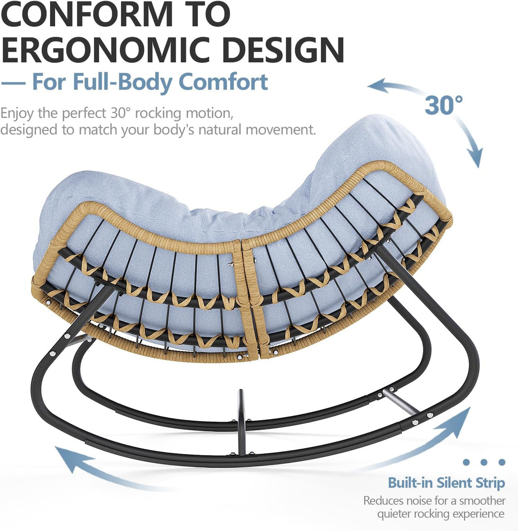 SWITTE Outdoor Rocking Chair, Oversized Patio Papasan Rocker, Comfy Wicker Reading Lounge, Indoor Bed-Like Egg Chair for Bedroom,Balcony, Porch, Garden, Light Blue