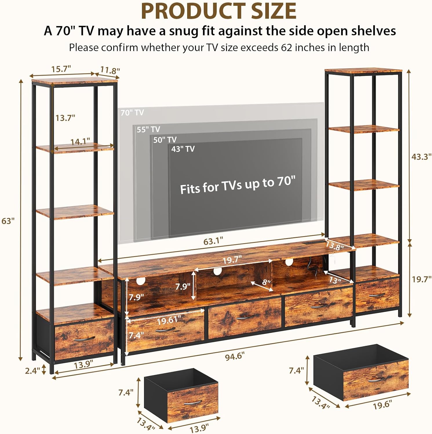 IDEALHOUSE TV Entertainment Center for Living Room, Large LED TV Stand with Storage, Modern Media Center for TVs Up to 70"