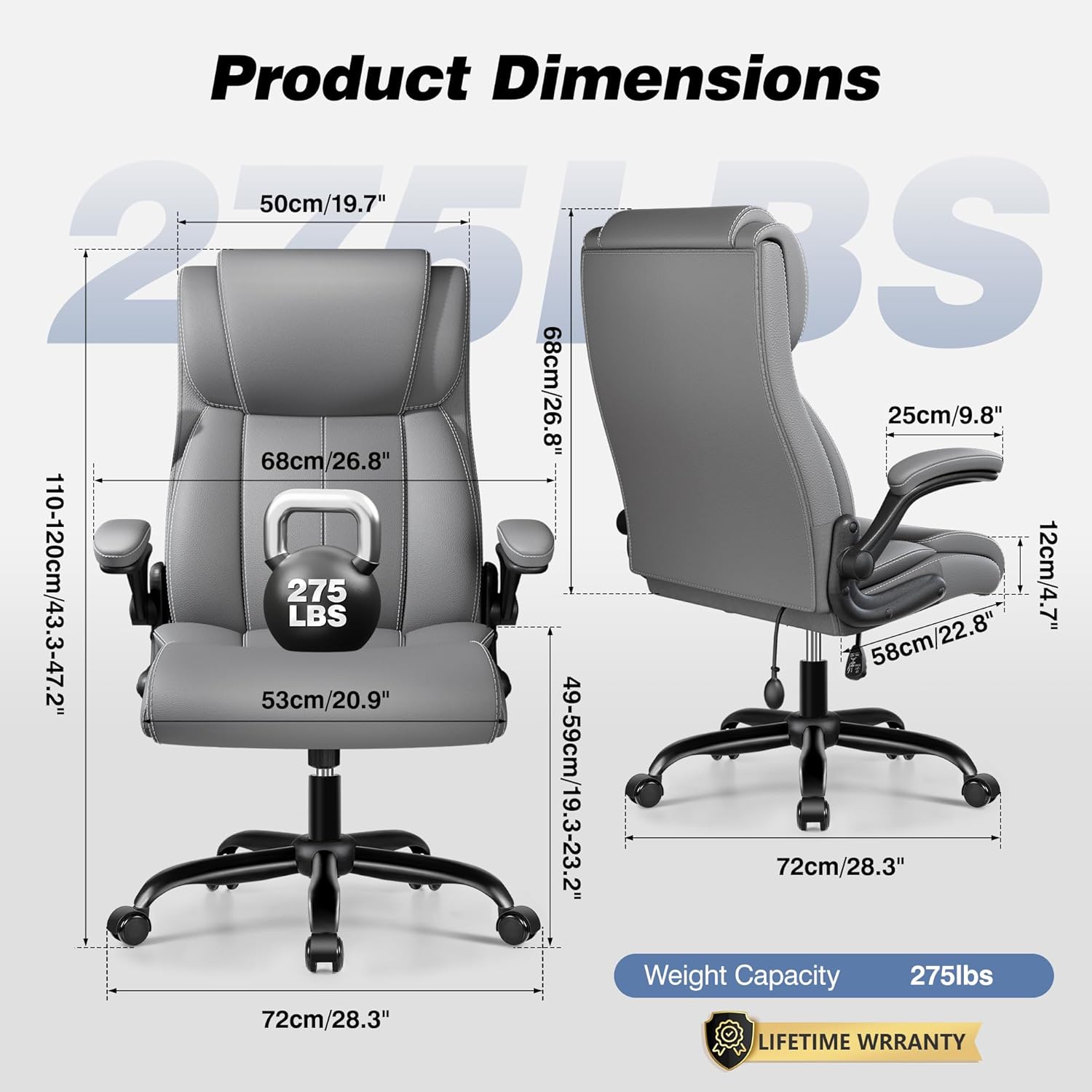 BESTFAIR Ergonomic Office Chair - Desk Computer Chair, Leather High Back Executive Chairs with Adjustable Lumbar Support for Adults, Rolling Swivel Tilt, Gray