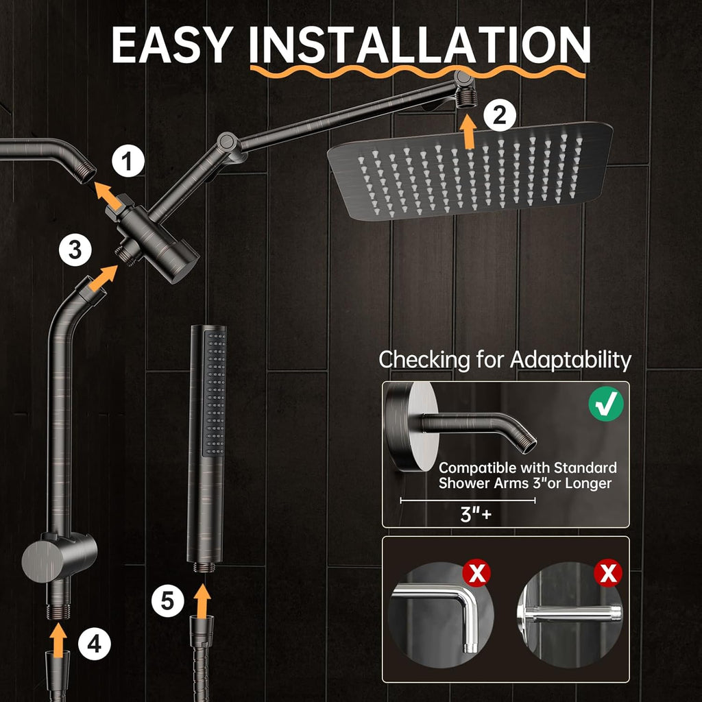 Veken All Metal 10" Oil Rubbed Bronze Shower Head with Handheld, Luxurious Square Double Rain Shower Heads with Power-wash Hand Held, Dual High Pressure Detachable Rainfall Showerhead,Bathroom Upgrade