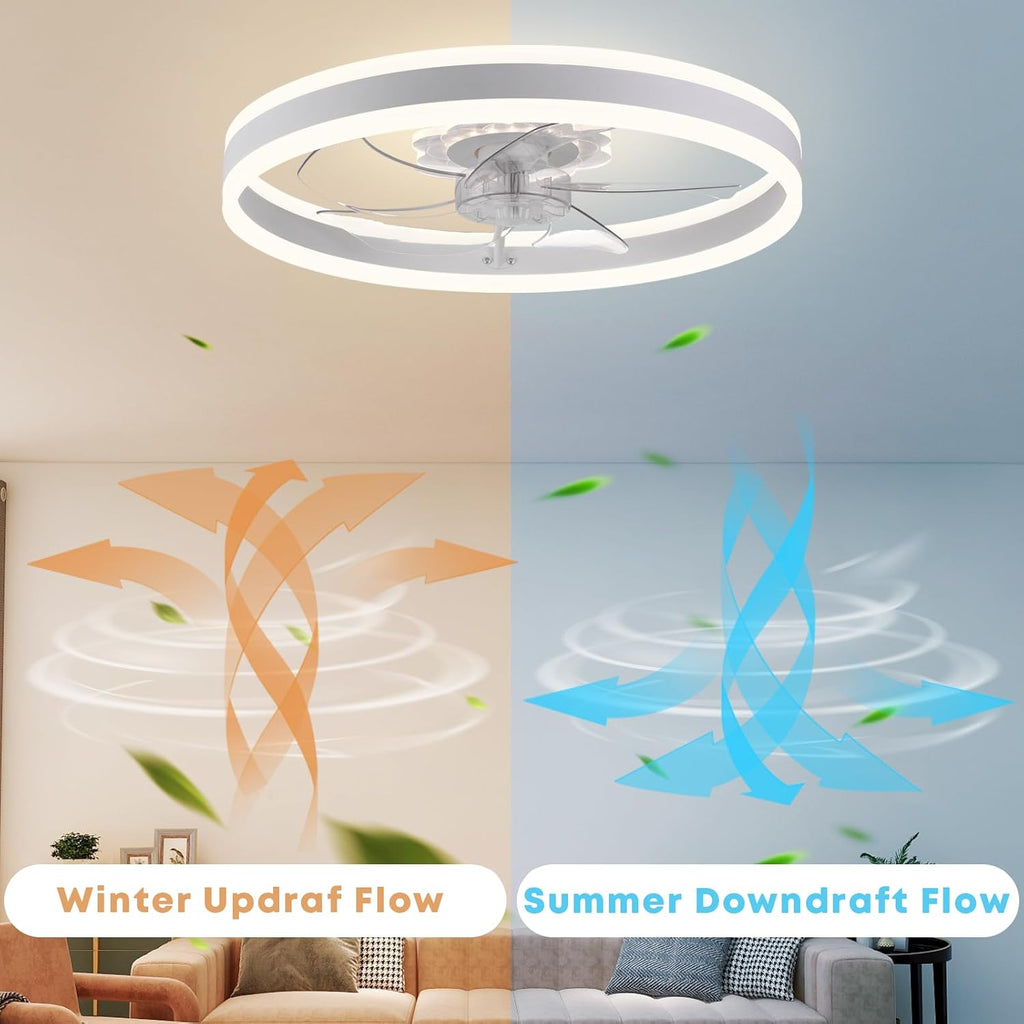 Fszdorj 23.6'' Ceiling Fan with Light, Upgraded Low Profile Fan, Flush Mount Ceiling Fan, 6 Speeds, Dimmable LED, App & Remote Control, Quiet DC Motor, for Bedroom, Living Room, F105 White