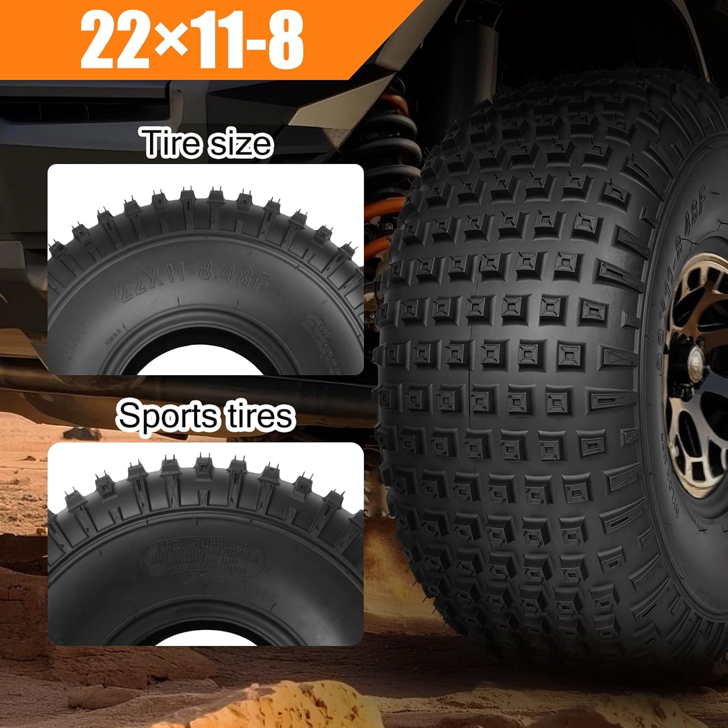 TRIPOWER 22x11x8 ATV UTV Tires 22x11-8 All-Terrain Knobby Golf Cart Tires for Trail Sand Mud Off-Road Tire, 6-Ply Tubeless, Pair of 2
