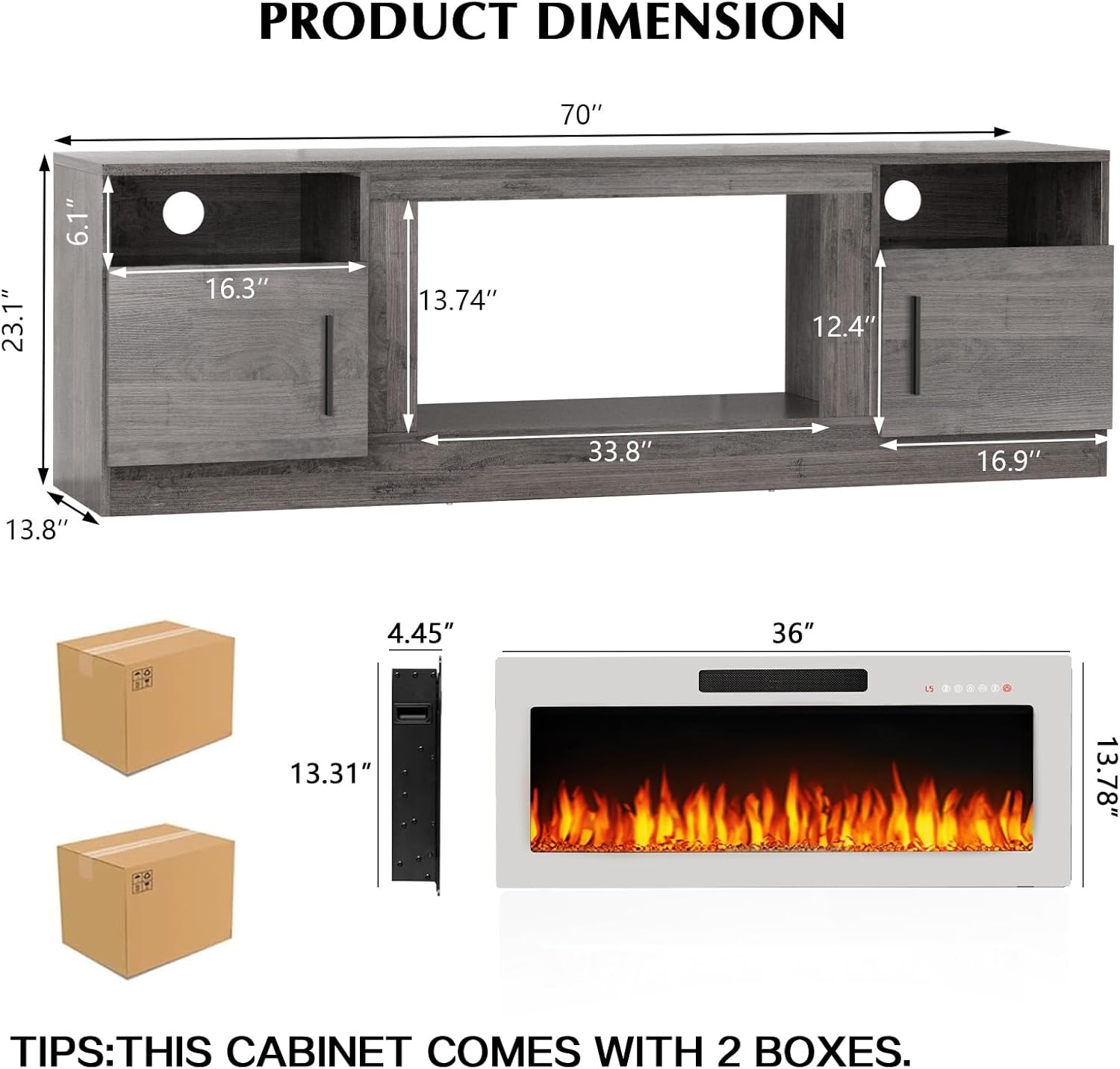 Lemberi Fireplace tv Stand with 36 inch White Fireplace Up to 80" TVs,LED Light Entertainment Center and Storage, 70" Modern Wood Media TV Console with Highlight Cabinet for Living Room (Gray)