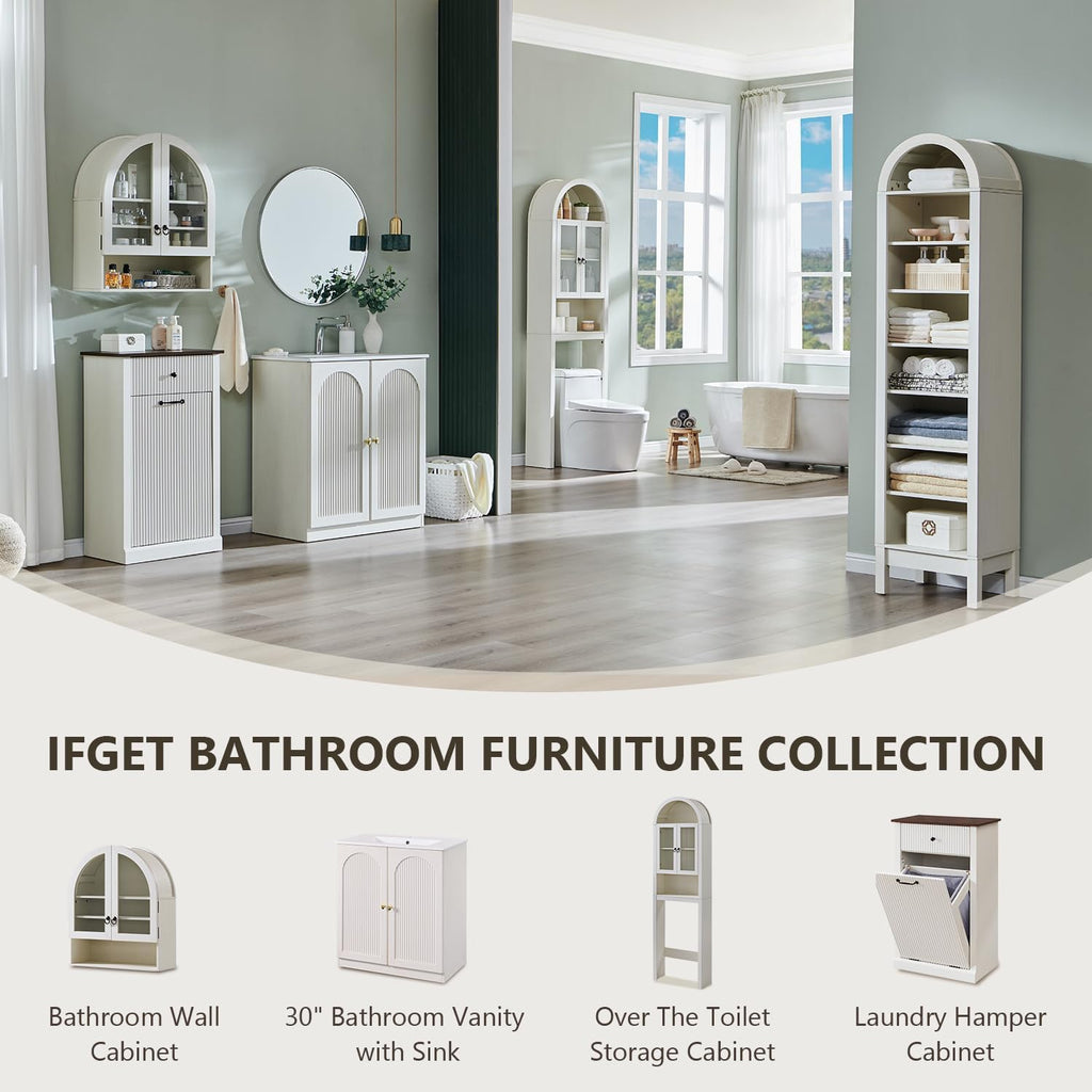IFGET Arched Over The Toilet Storage Cabinet with Acrylic Doors, Modern Over Toilet Bathroom Organizer Shelf, Small Wooden Bathroom Storage Cabinet with Adjustable Shelf, Space Saver, Antique White