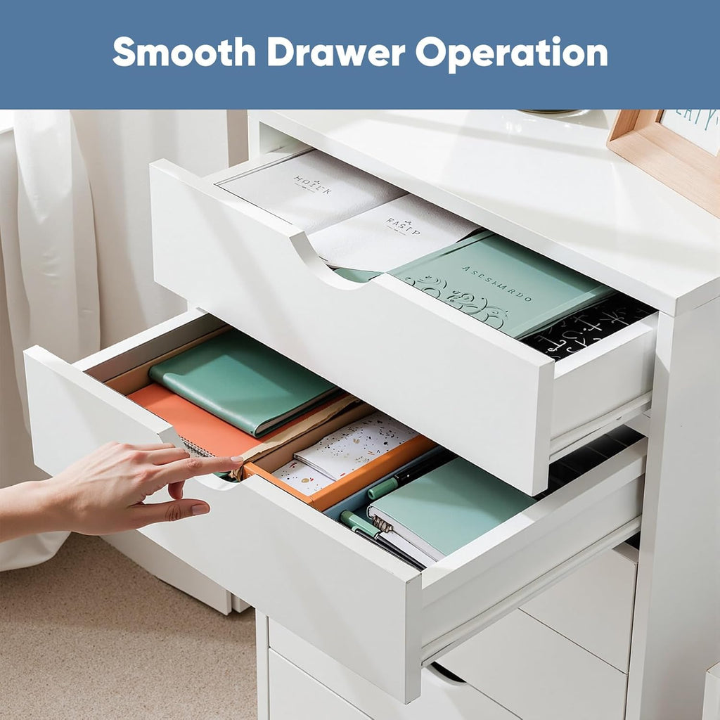 OLIXIS 7 Drawer Mobile File Cabinet Under Desk Storage Organization with Wheels Vertical Filing Chest Rolling Wood Small Desk Printer Stand for Home Office, 15.75"D x 18.74"W x 34.25"H, White
