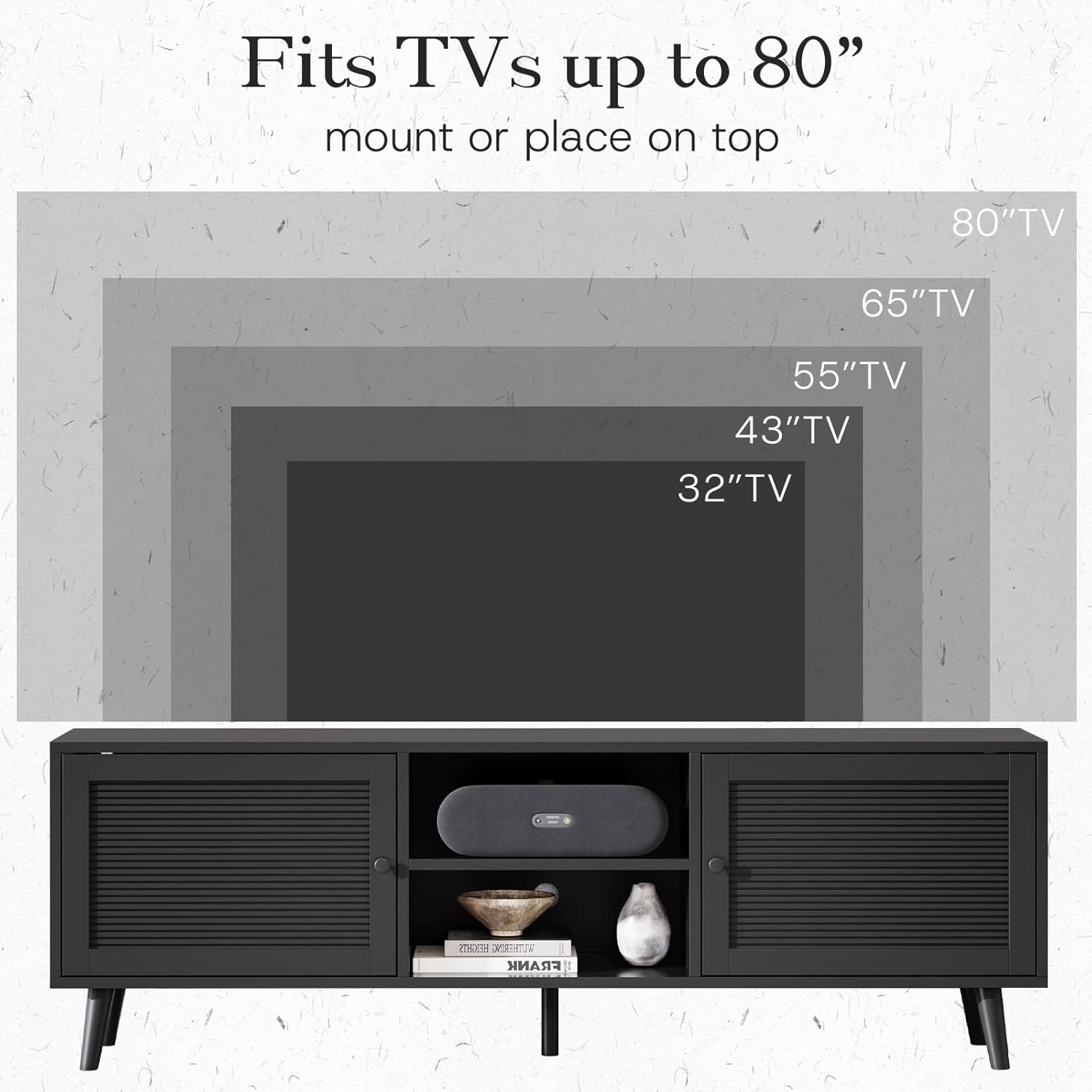 TV Stand for 70 inch TV, Black Fluted Entertainment Center for TV up to 80", TV Stand for Living Room with Large Open Storage