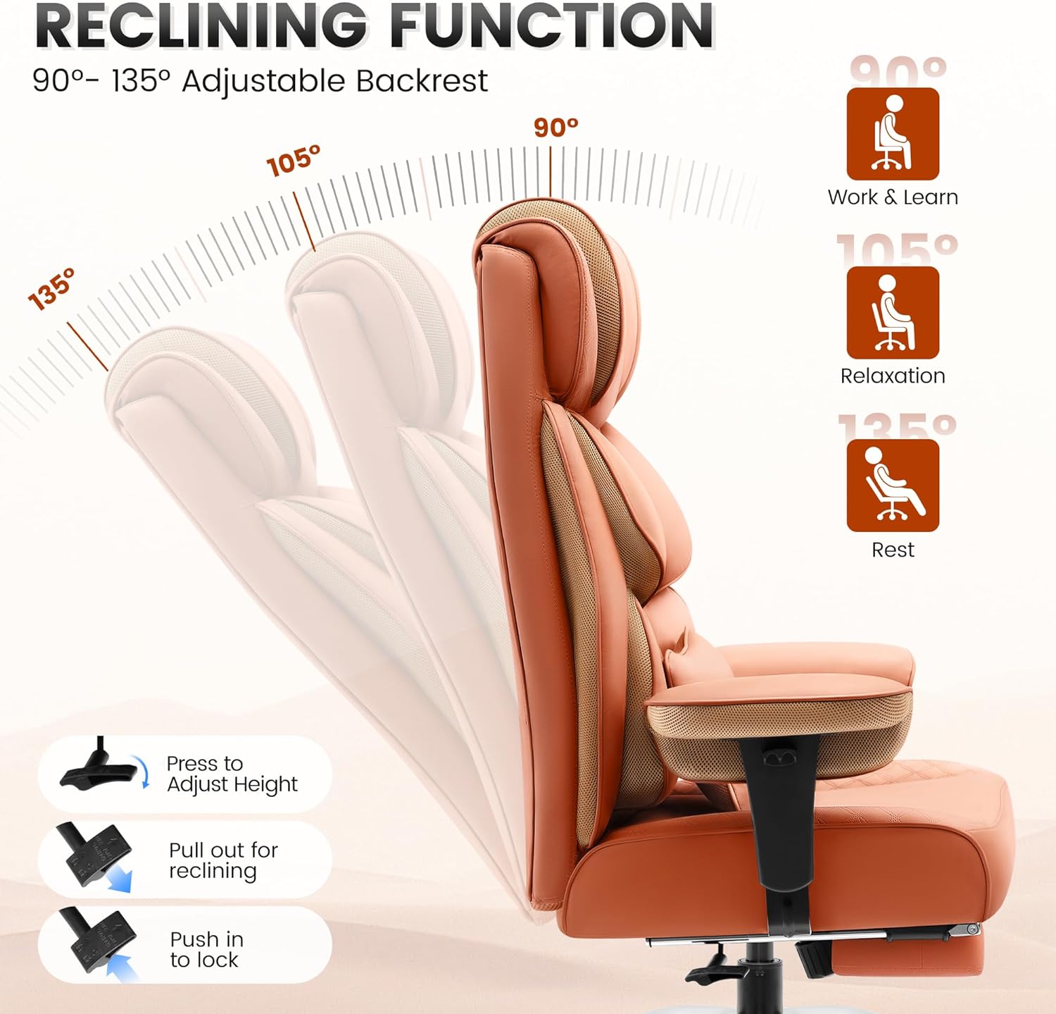 BestGlory Office Desk Chair, Big and Tall Leather Gaming Chair with Footrest, Wide Ergonomic Comfy Executive High-Back Reclining Computer Chairs, Swivel Rolling Wheels and Padded Lumbar Support, Brown