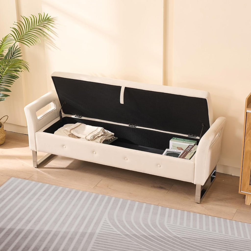 GDFStudio Velvet Storage Bench with Hidden Compartment - Upholstered Ottoman for Entryway, Bedroom, Living Room - Soft Foam Cushion, Sturdy Silver Metal Legs, Easy Assembly - Beige Storage Seat