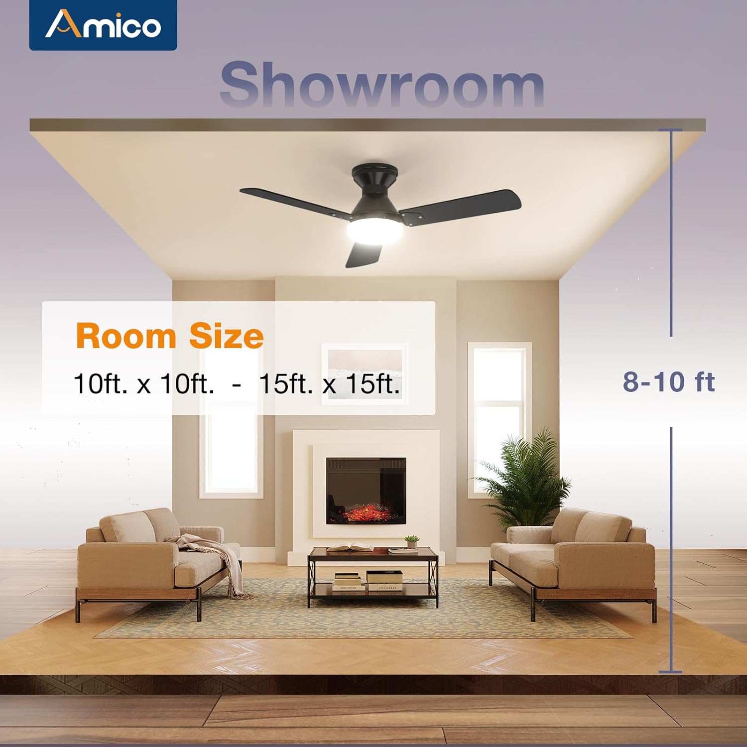 Amico 2 Pack Ceiling Fans with Lights, 42 inch Low Profile Ceiling fan with Light and Remote Control, Flush Mount, Reversible, 3CCT, Dimmable, Noiseless, Black Ceiling Fan for Bedroom, Indoor/Outdoor