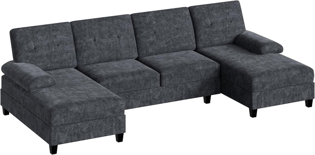 U-Shaped Sectional Couches for Living Room, 4 Seat Sofa with Double Chaise Lounges,Solid Wood Frame Sectional Sofa for Apartment,Dark Grey