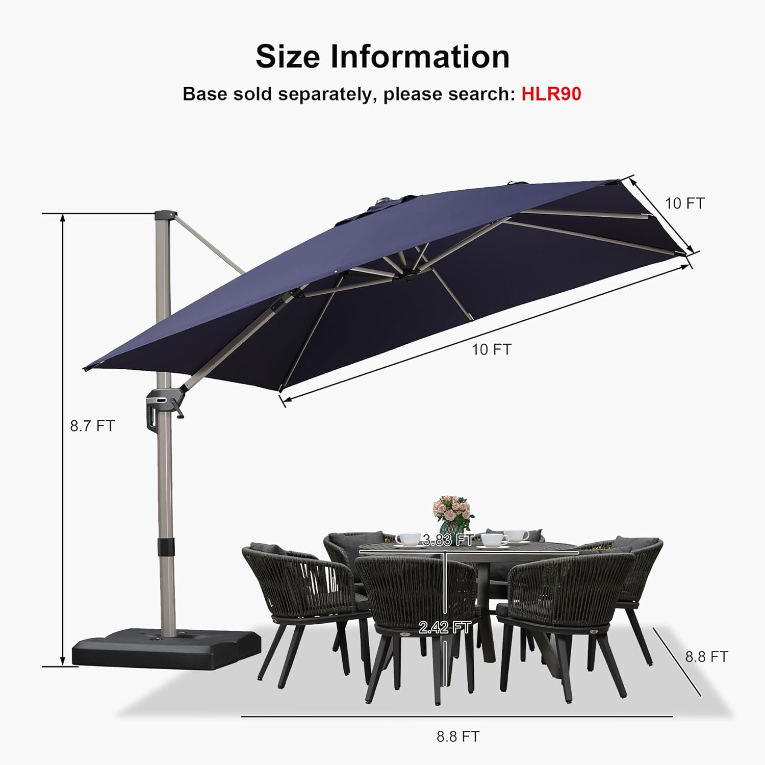 PURPLE LEAF 10’ X 10‘ Patio Umbrella Outdoor Cantilever Umbrella, Aluminum Offset Umbrella with Champagne Frame and 360° Rotation for Pool Deck Garden, Navy Blue