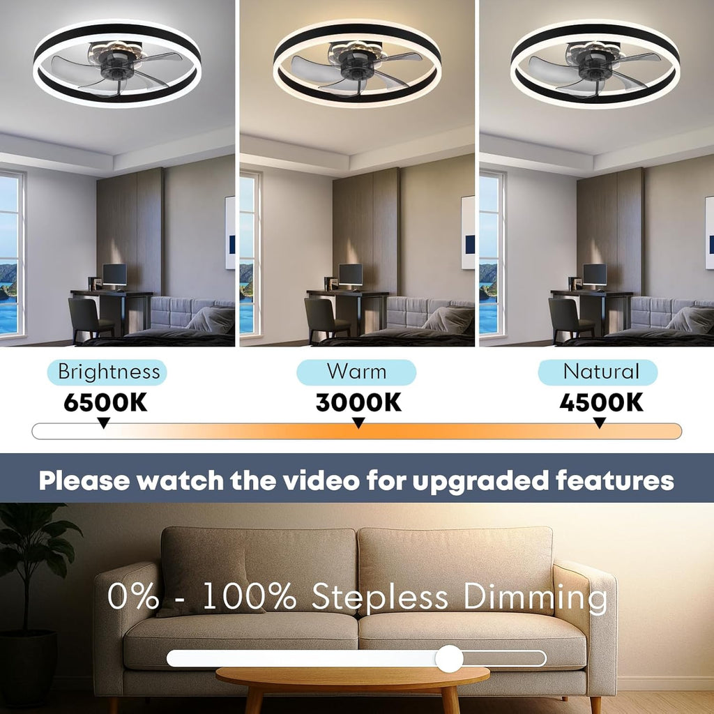 Fszdorj 23.6'' Ceiling Fan with Light, Upgraded Low Profile Fan, Flush Mount Ceiling Fan, 6 Speeds, Dimmable LED, App & Remote Control, Quiet DC Motor, for Bedroom, Living Room, F105 Black