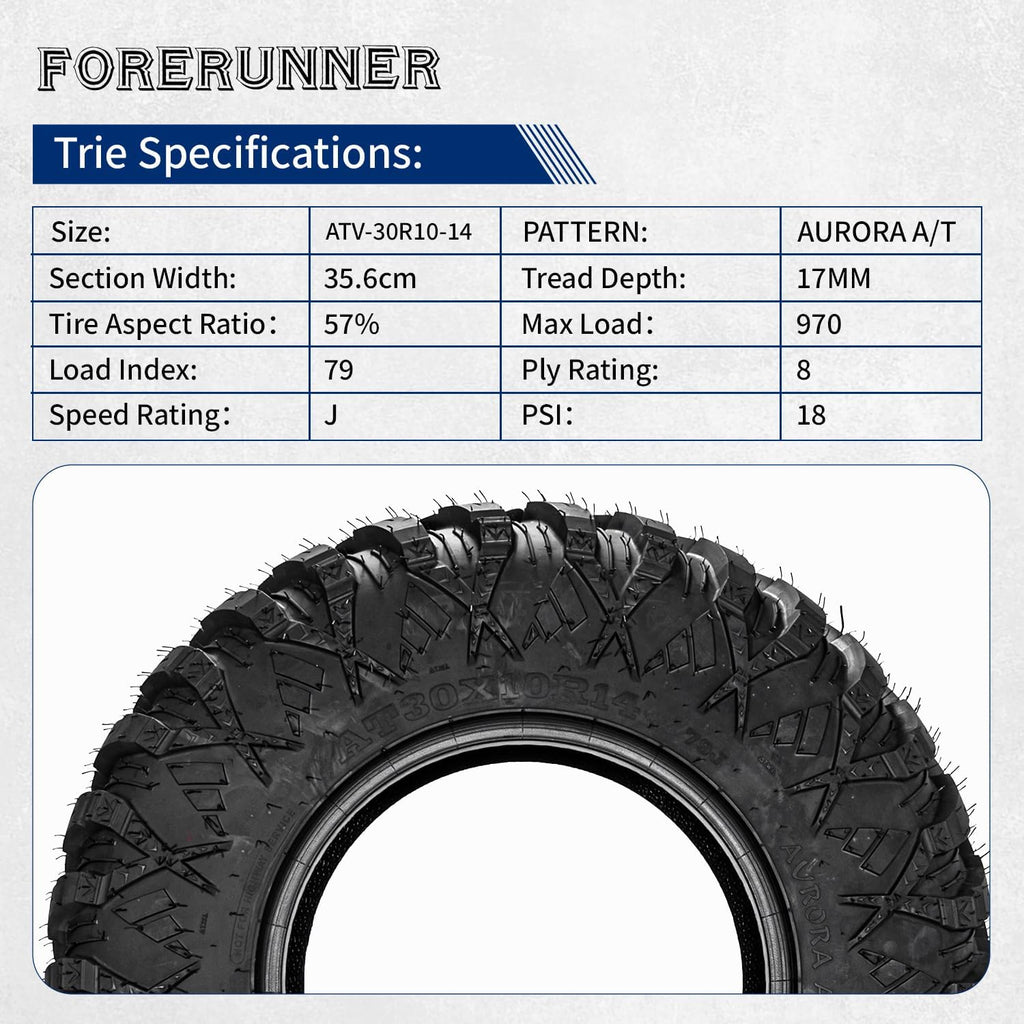 Set of 4 FORERUNNER 30X10R14 ATV Tires, 8PR Tubeless UTV Tires, All-terrain Tires