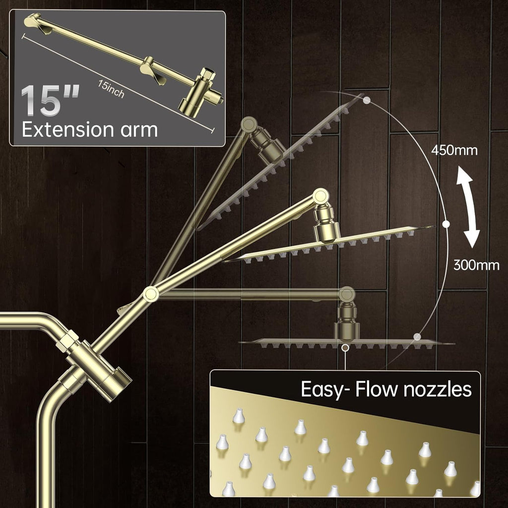 Veken All Metal 10" Brushed Gold Shower Head with Handheld, Luxurious Square Double Rain Shower Heads with Spray Combo, Dual High Pressure Detachable Rainfall Showerhead with Extension Arm, Long Hose