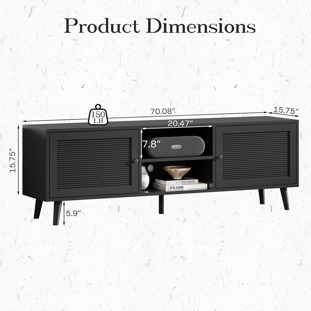 TV Stand for 70 inch TV, Black Fluted Entertainment Center for TV up to 80", TV Stand for Living Room with Large Open Storage