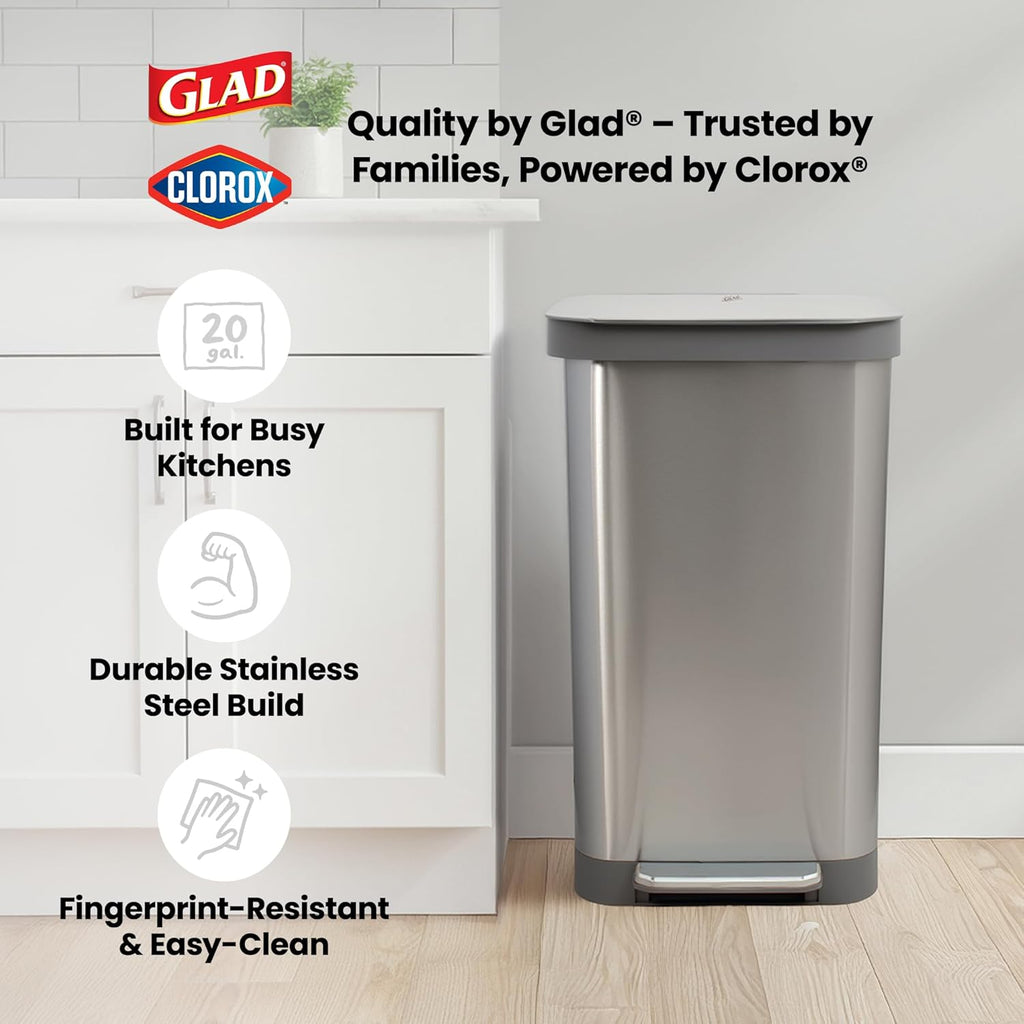 Glad Stainless Steel Step Trash Can, Series 2 with Clorox Protection - Large Metal Kitchen Garbage Bin with Soft Close Lid, Foot Pedal and Waste Bag Roll Holder, 20 Gallon