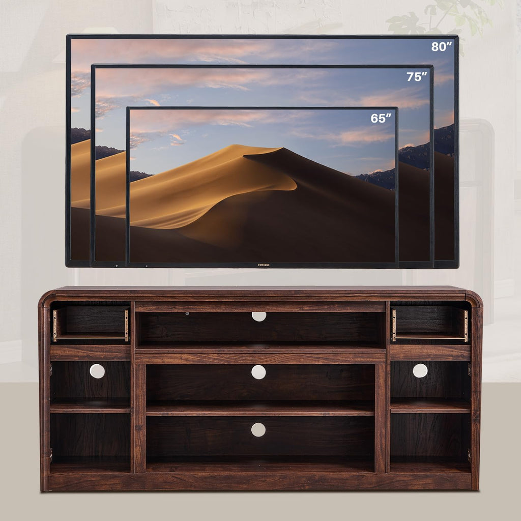 Modern TV Stand for 80 Inch TVs, 32"Tall Entertainment Center w/Storage Cabinet& drawers, Media Console Cabinet w/Soundbar & Adjustable Shelves for Living Room, Curved Profile Design, 70 inch (Brown)