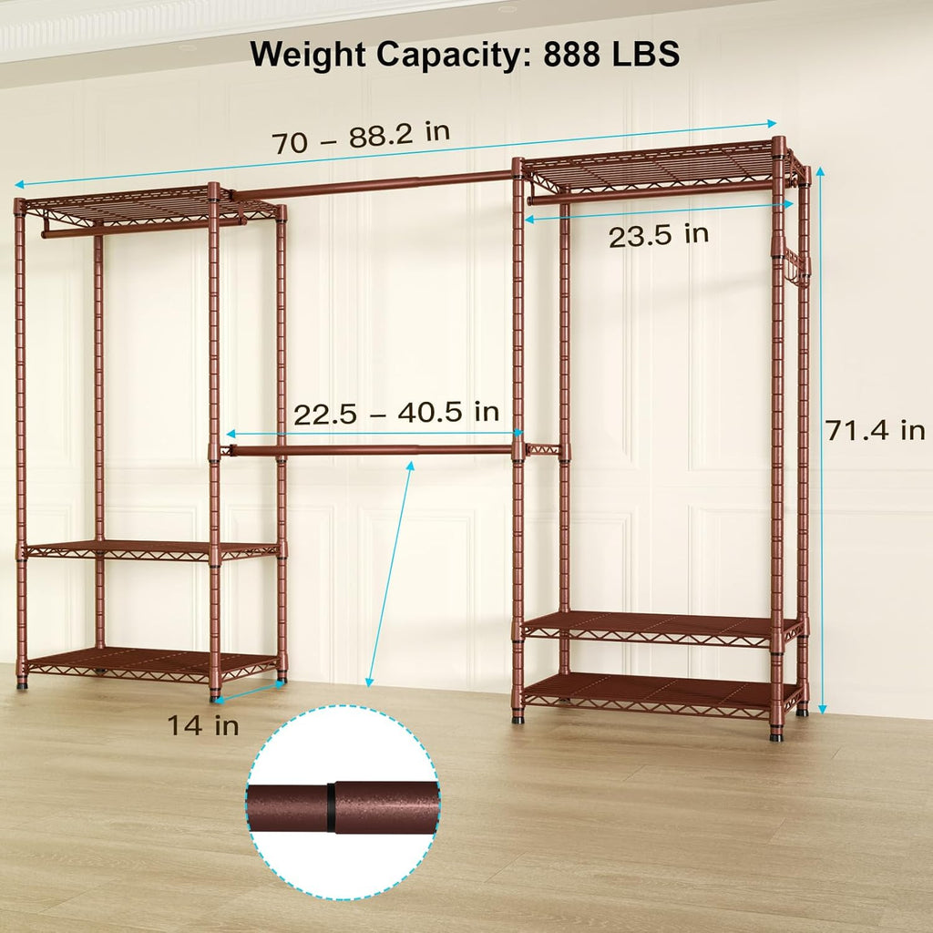 Ulif E1 Heavy Duty Closet Garment Rack, 6 Tiers Adjustable Metal Freestanding Expandable Clothing Storage with 4 Hanger Rods, Easy to Assemble Wardrobe, 71.4" H x (70" - 88.2") L x 14" D, Bronze