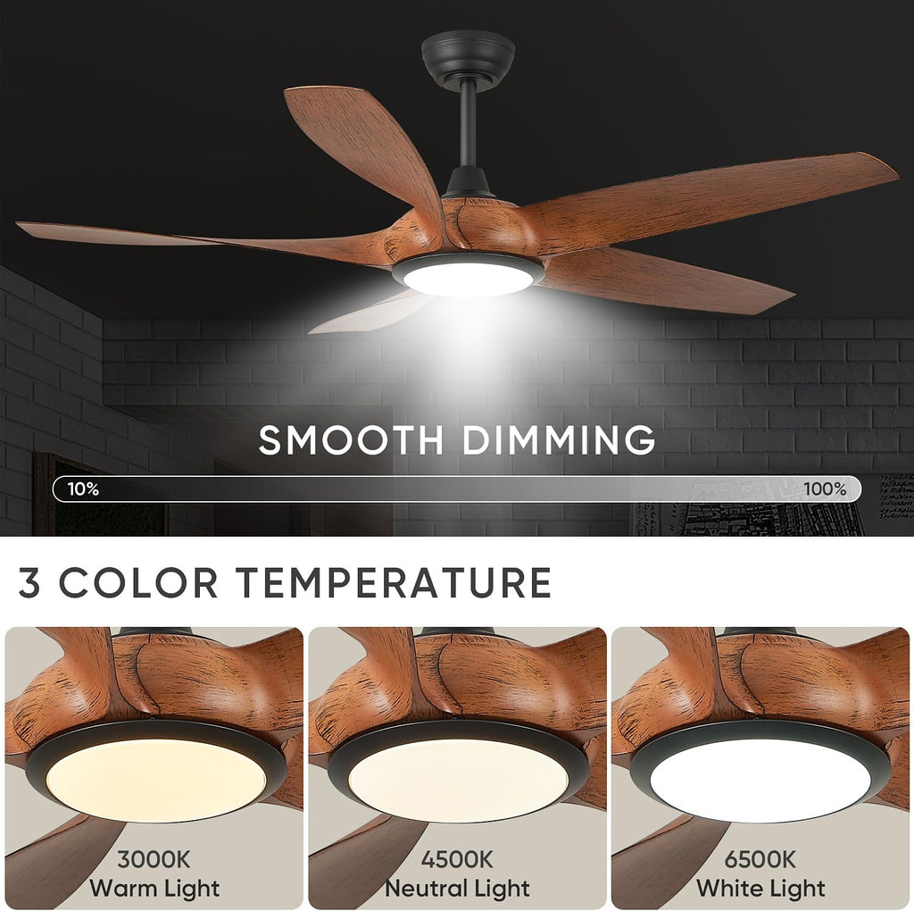54'' Ceiling Fans with Lights, Modern Ceiling Fan with Remote Control, Outdoor Ceiling Fan for Living Room, Bedroom, 5 ABS Blades, 6 Wind Speeds, LED Dimmable (Brown & Black)