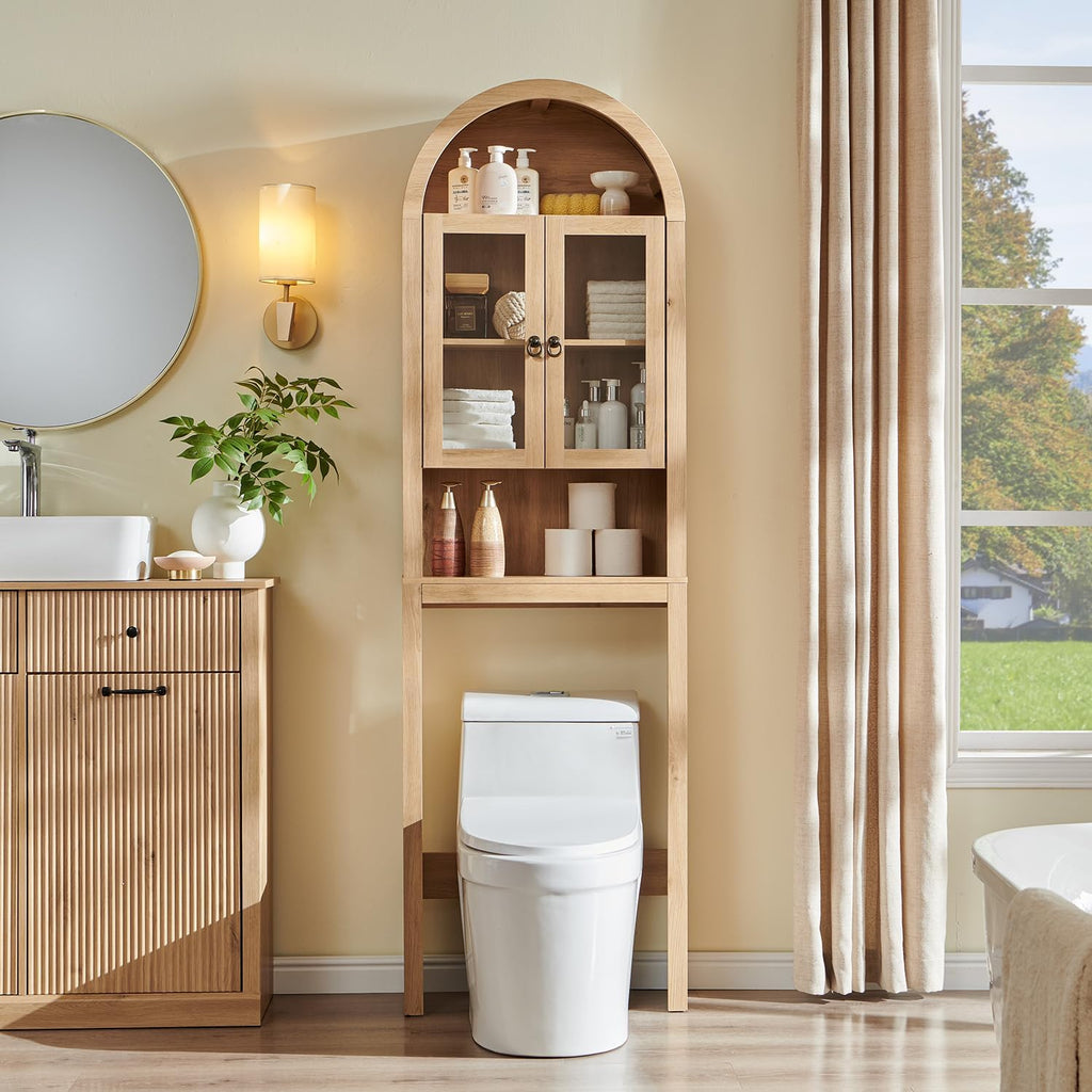 IFGET Arched Over The Toilet Storage Cabinet with Acrylic Doors, Modern Over Toilet Bathroom Organizer Shelf, Small Wooden Bathroom Storage Cabinet with Adjustable Shelf,Space Saver, Natural Oak