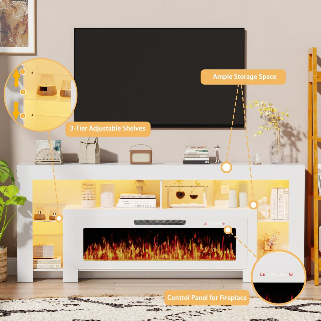 LEMBERI 80 inch Fireplace tv Stand with 50 inch Fireplace Up to 90" TVs,LED Light Entertainment Center and Storage, Modern Wood Media TV Console for Living Room