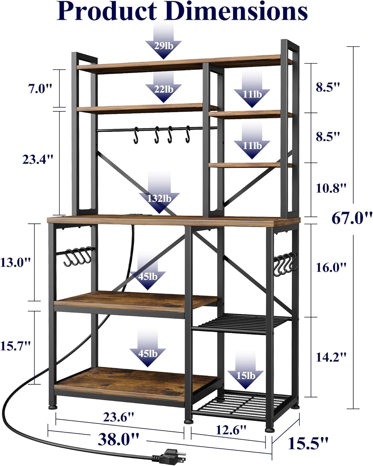 Kitsure Baker's Rack with Power Outlet - Storage Rack with Kitchen Shelves and 12 Hooks, Versatile Coffee Bar and Microwave Stand for Appliances, Pantry, Home Organization,Brown, 38.0" x 15.5" x 67.0"