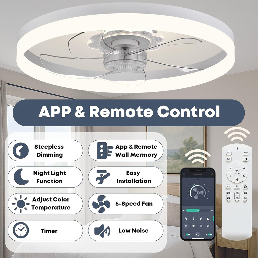 Fszdorj 23.6'' Ceiling Fan with Light, Upgraded Low Profile Fan, Flush Mount Ceiling Fan, 6 Speeds, Dimmable LED, App & Remote Control, Quiet DC Motor, for Bedroom, Living Room, F115 White