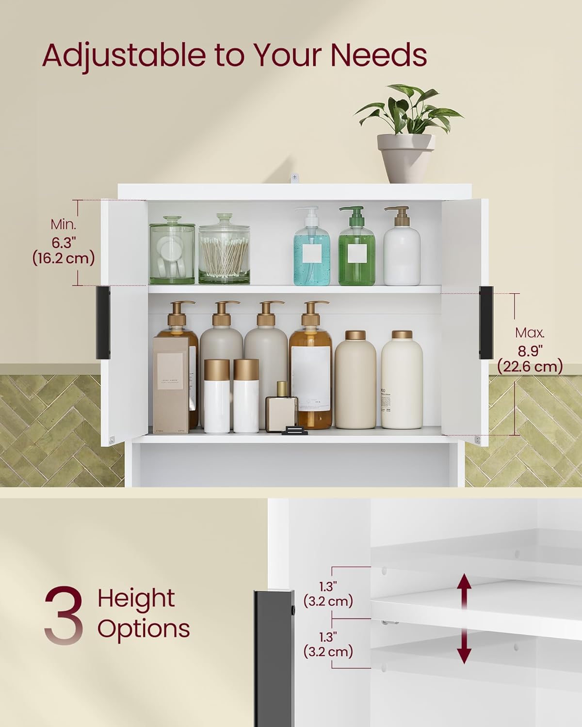 VASAGLE MAXE Collection - Over The Toilet Storage Cabinet, 23.6-Inch Wide Mid Century Modern Bathroom Organizer with Fluted Doors, Adjustable Shelf, Space-Saving, Cloud White UBTS028WB01S