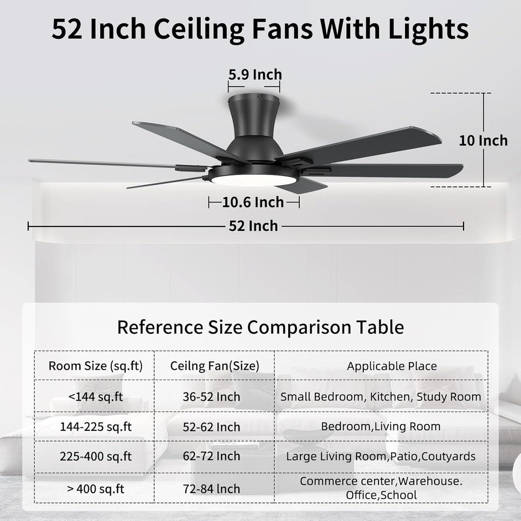 52 Inch Black Ceiling Fan with Lights and Remote, Flush Mount Low Profile 6 Blades with 10 Inch Lighting Fixture, Quiet Reversible DC Motor for Living Room, Bedroom and Patio