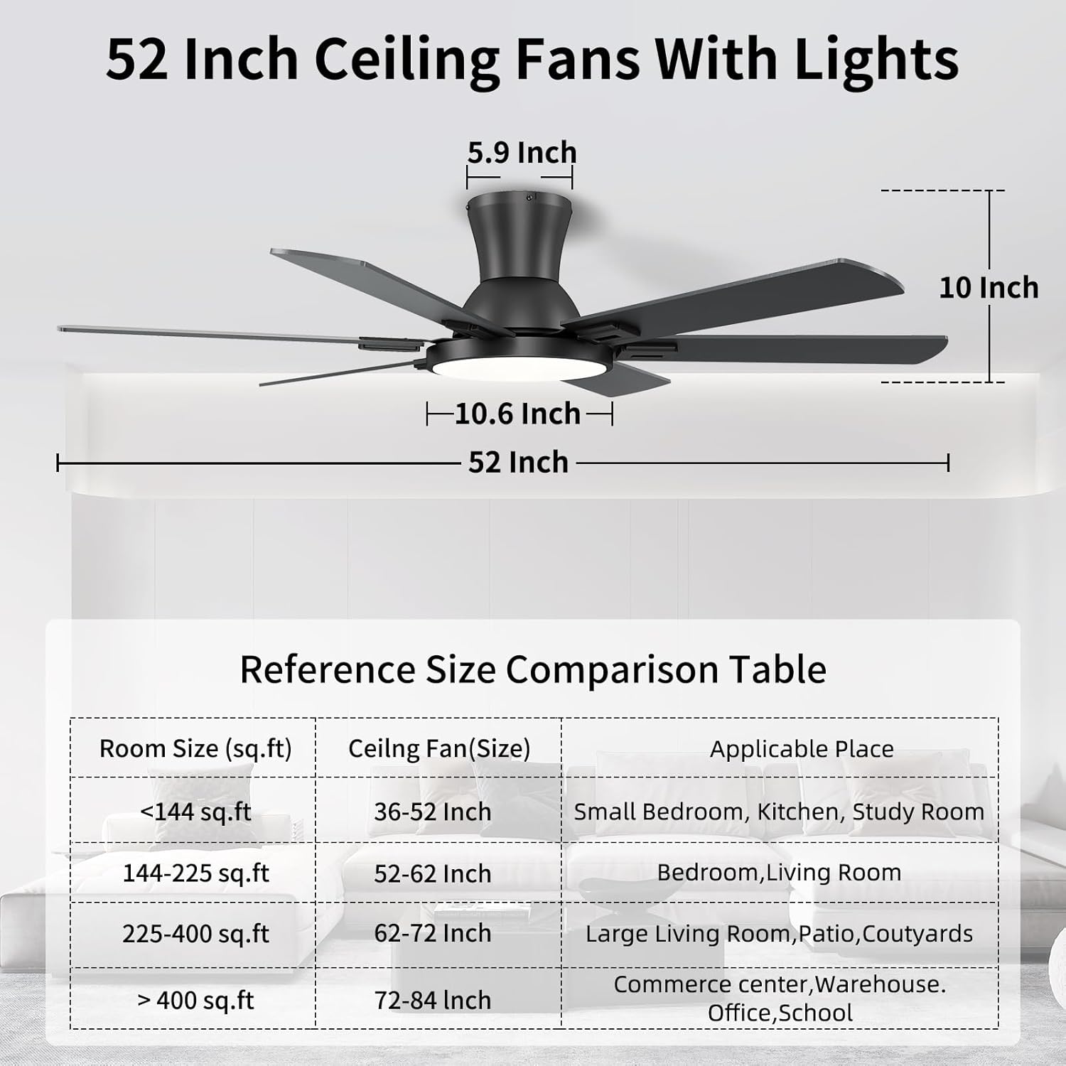 52 Inch Black Ceiling Fan with Lights and Remote, Flush Mount Low Profile 6 Blades with 10 Inch Lighting Fixture, Quiet Reversible DC Motor for Living Room, Bedroom and Patio