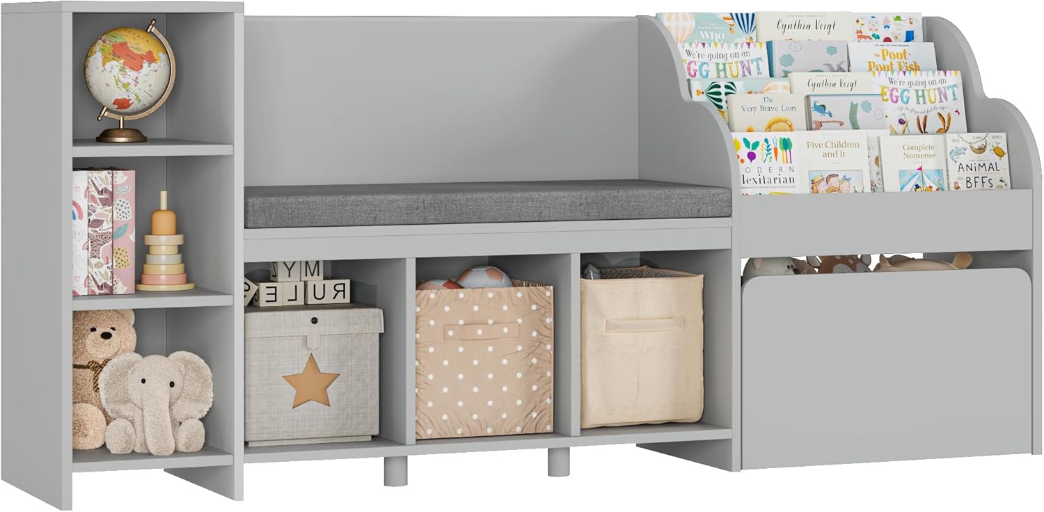 HOSTACK 67" W Kids Reading Nook with Toy Storage Organizer, Large Kids Bookshelf with Toy Storage Box on Wheels, Big Kid Bookcase with Bench and 6 Open Cubbies for Playroom, Kid Room, Grey