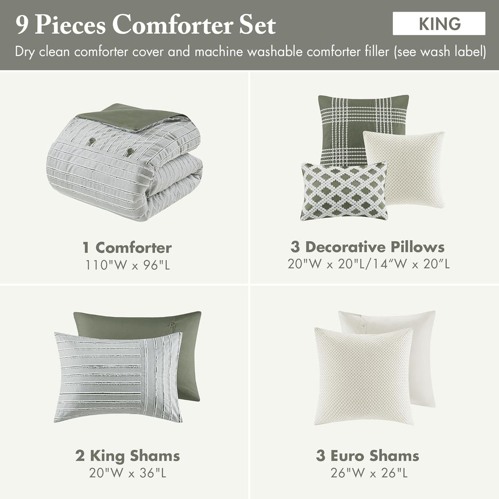Madison Park Comforter Set Cotton Clipped Jacquard, Oversized Comforters, All Season Down Alternative Overfilled King Size Comforter, Essence, Green 9 Piece