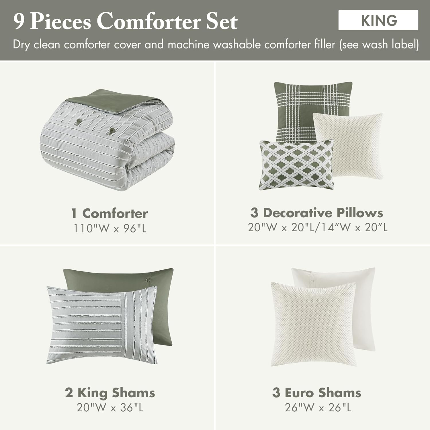 Madison Park Comforter Set Cotton Clipped Jacquard, Oversized Comforters, All Season Down Alternative Overfilled King Size Comforter, Essence, Green 9 Piece