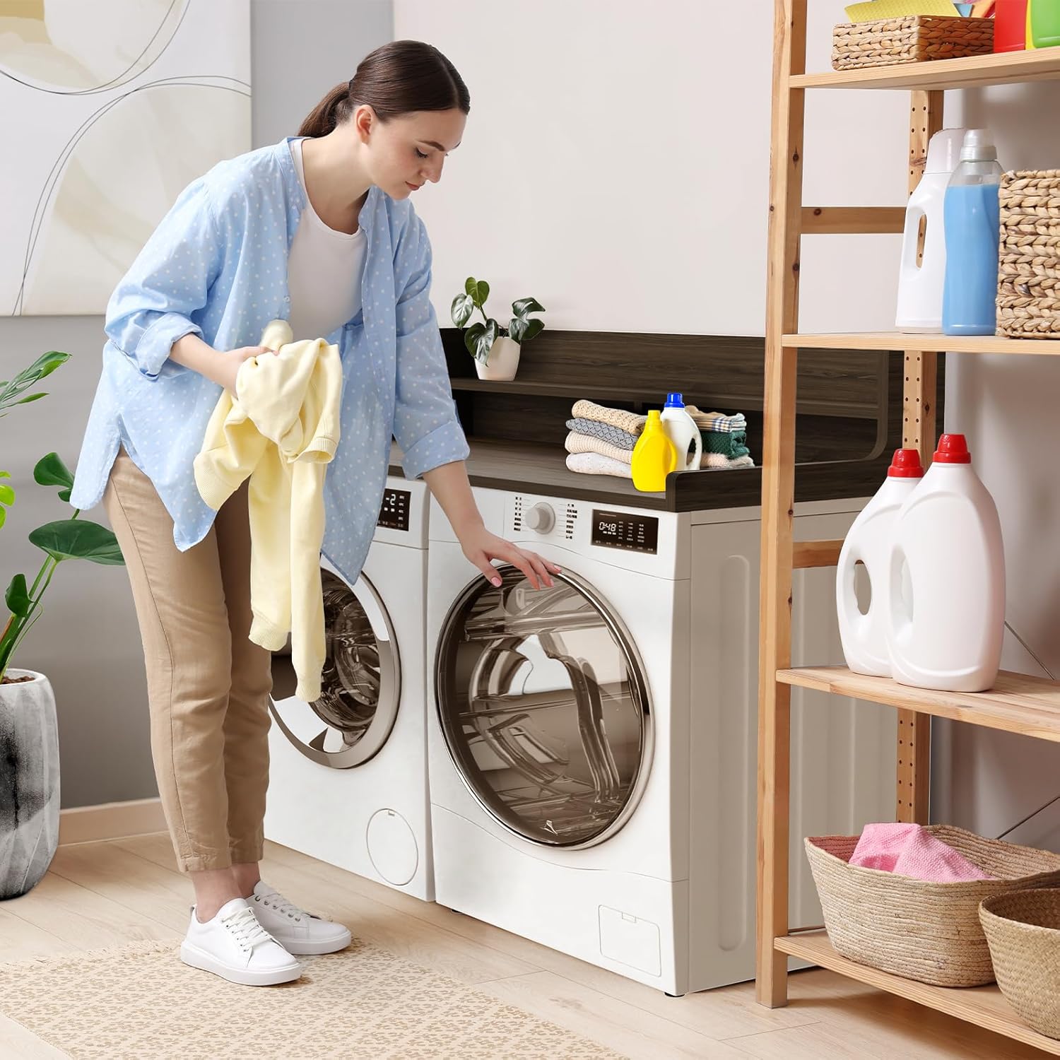 Washer Dryer Countertop, 54" x 27.55" 2-Tier Washer Dryer Topper with Edge, for Laundry Room Organization Walnut Brown