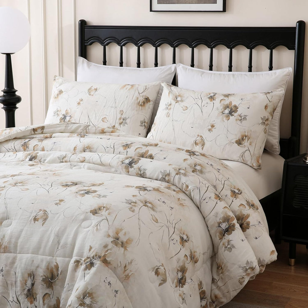 Merryword Linen Floral Comforter Set King Size 3 Pieces Natural French Flax Linen Bedding Soft Breathable Moisture Wicking Comfy