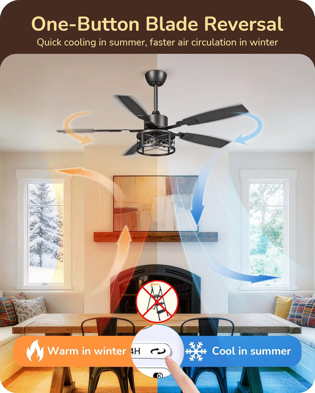 EDISHINE 52" Farmhouse Ceiling Fans with Lights and Remote, 10%-100% Dimmable, 6 Speeds, 5 Wood Blades, Reversible DC Motor, Timer, Quiet, Rustic Caged Fandelier Ceiling Fan for Bedroom Living Room